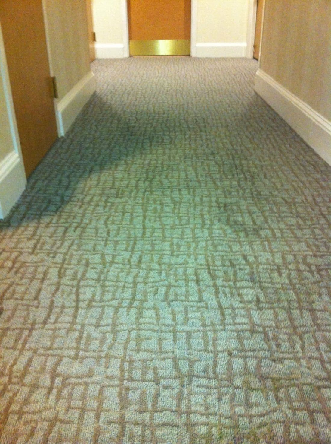 Patterned commercial carpet after professional colour correction of multiple bleach marks