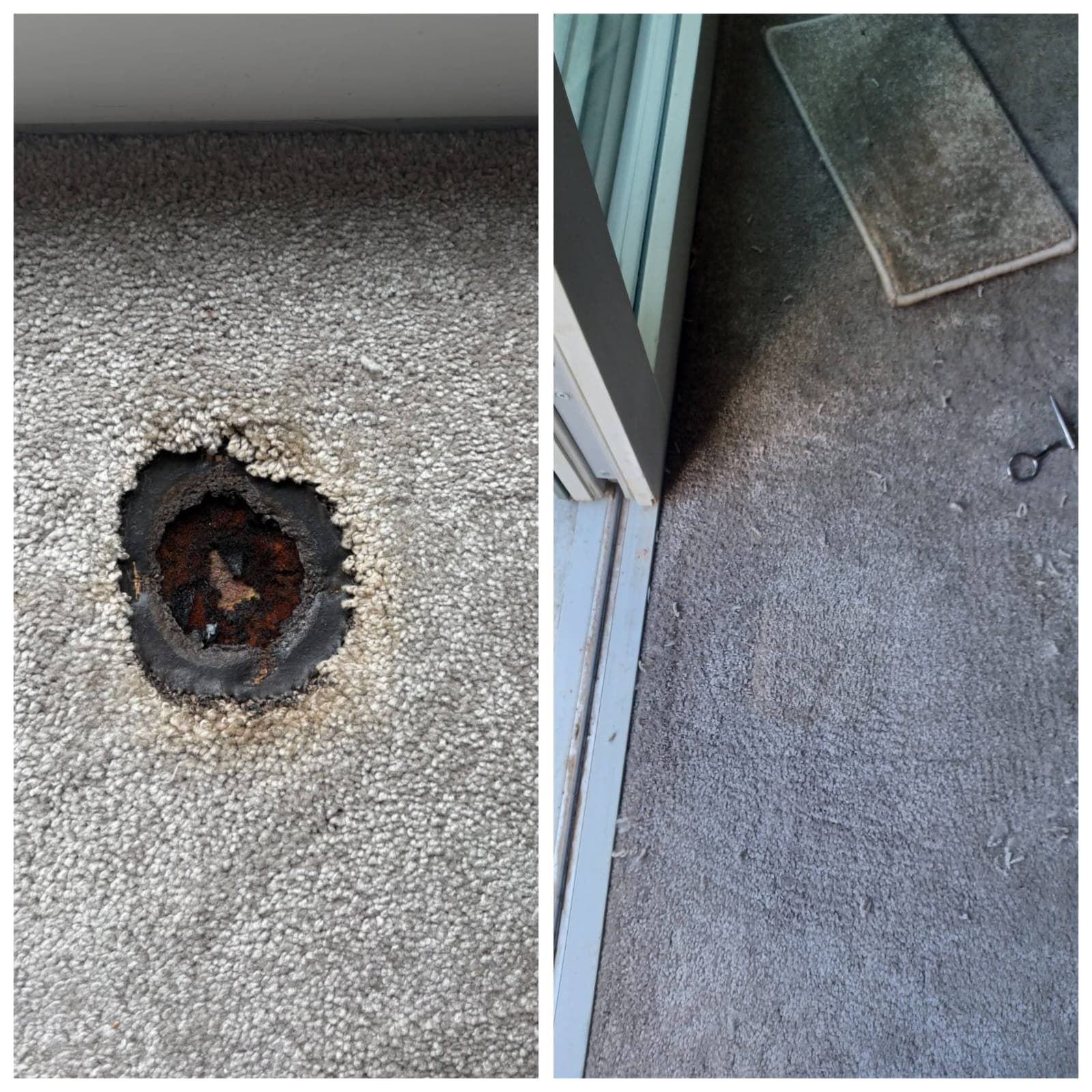 Before-and-after photographs of a graduate’s burn-hole repair using donor carpet.