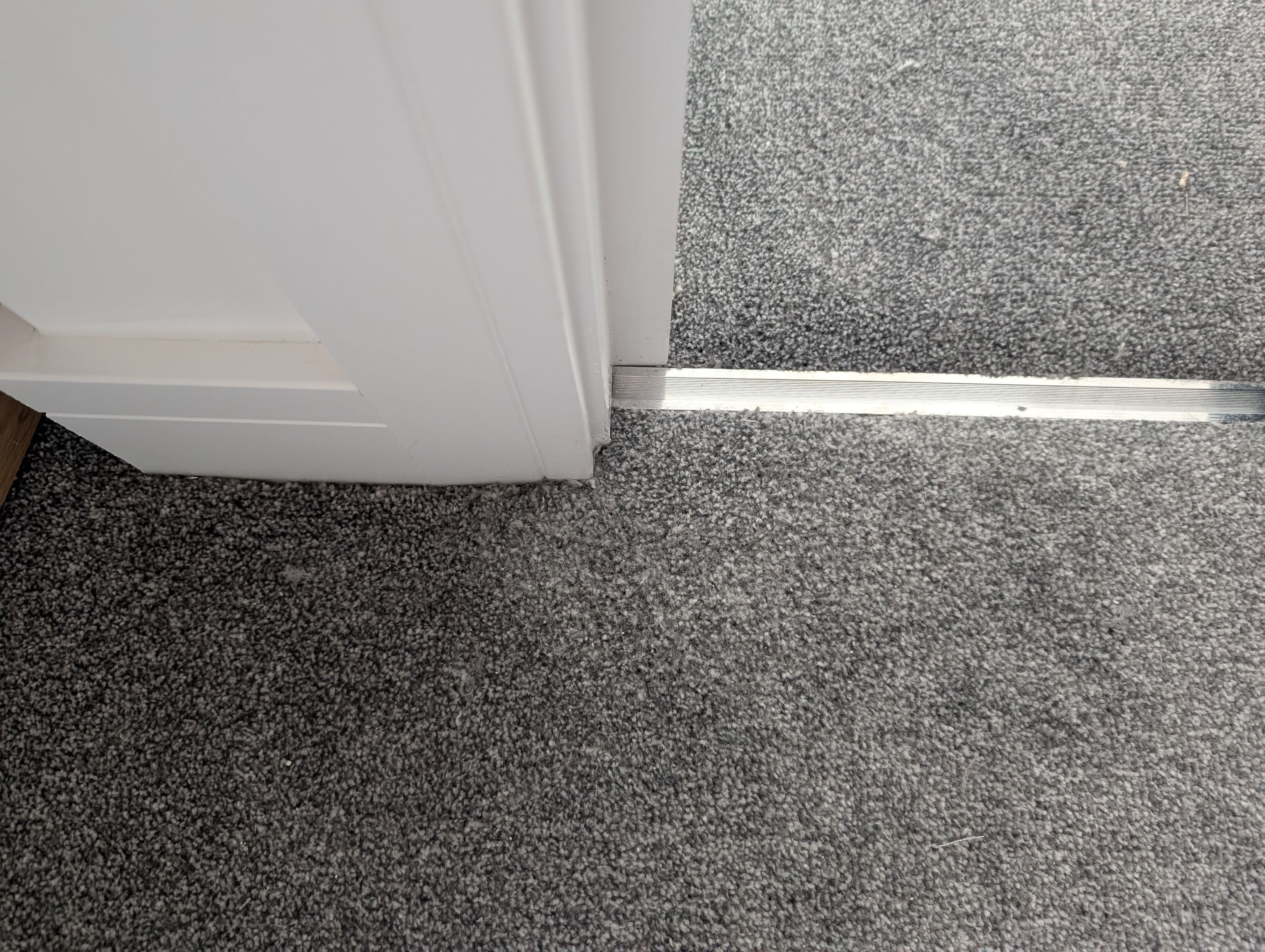 Doorway carpet after George repaired the pet-damaged area using donor carpet.