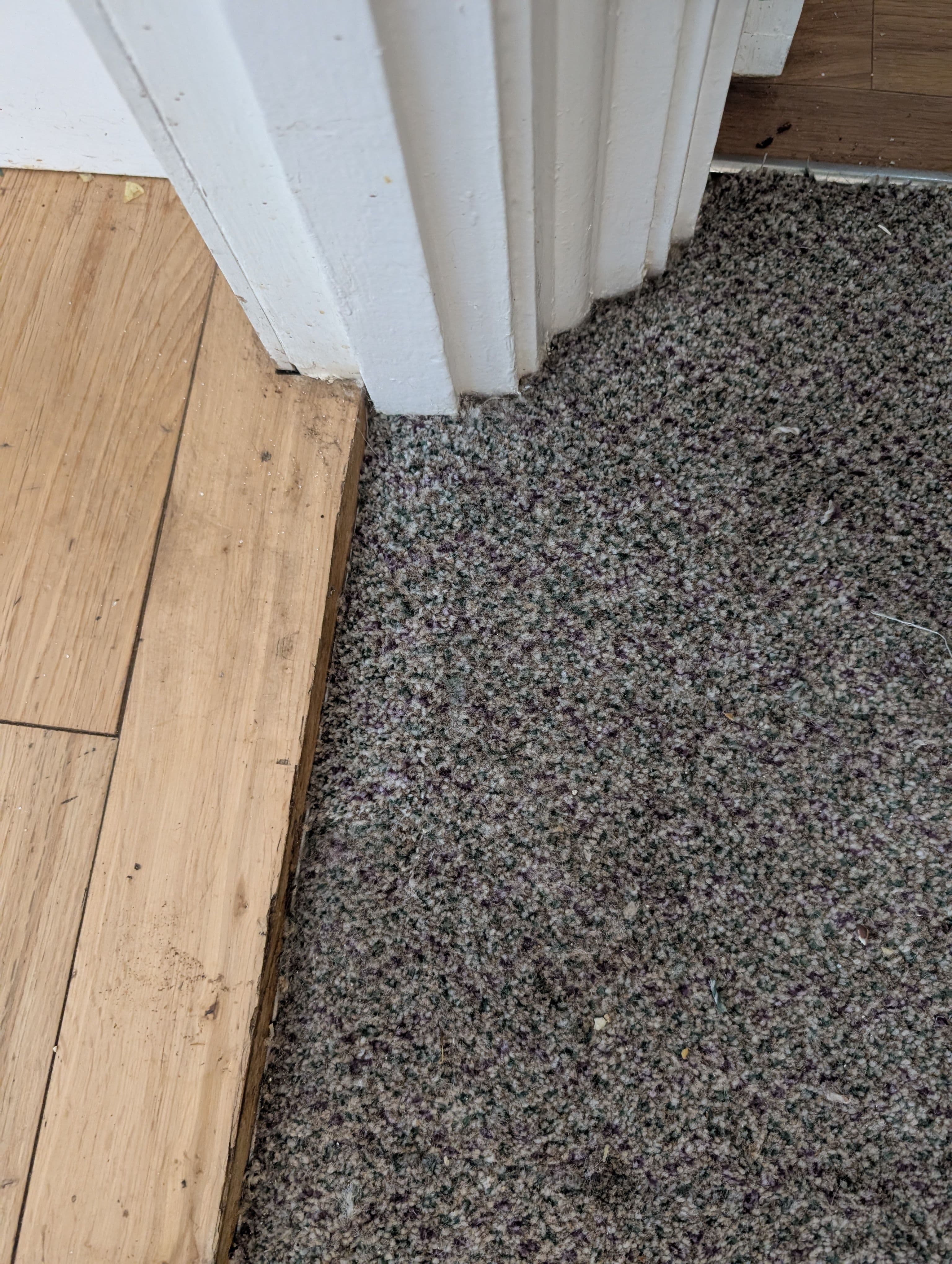 Carpet edge at a doorway after George’s donor-carpet repair.